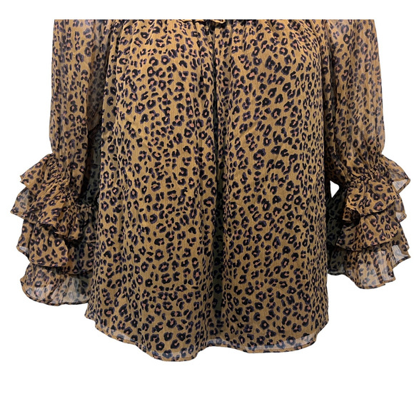 CeCe Top Wmns Large Leopard Print Sheer Blouse Off the Shoulder Ruffle Sleeve - Picture 6 of 13